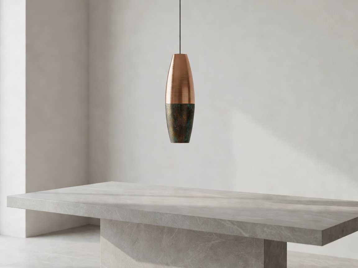 Brushed copper and dark patinated brass pendant suspended gracefully above a minimalist stone dining table