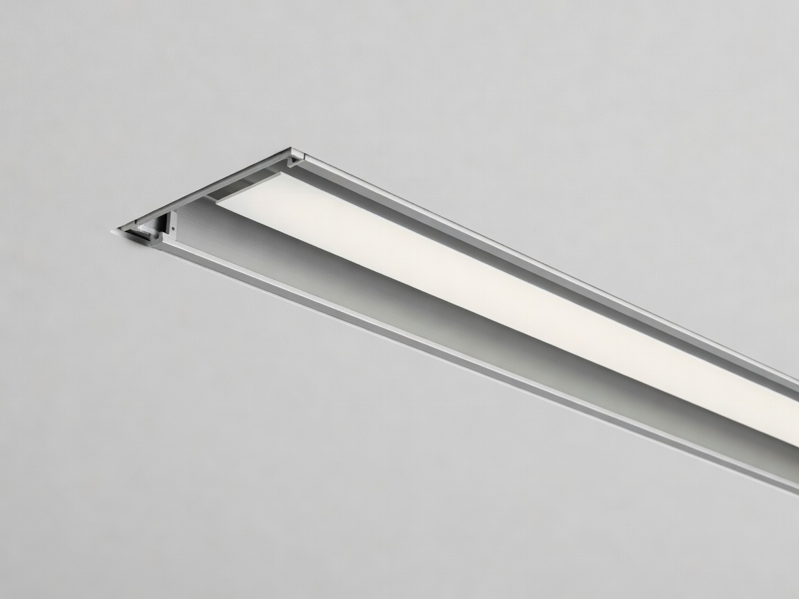 Detailed cross-section view of a trimless aluminum recessed profile integrated into white plasterboard ceiling
