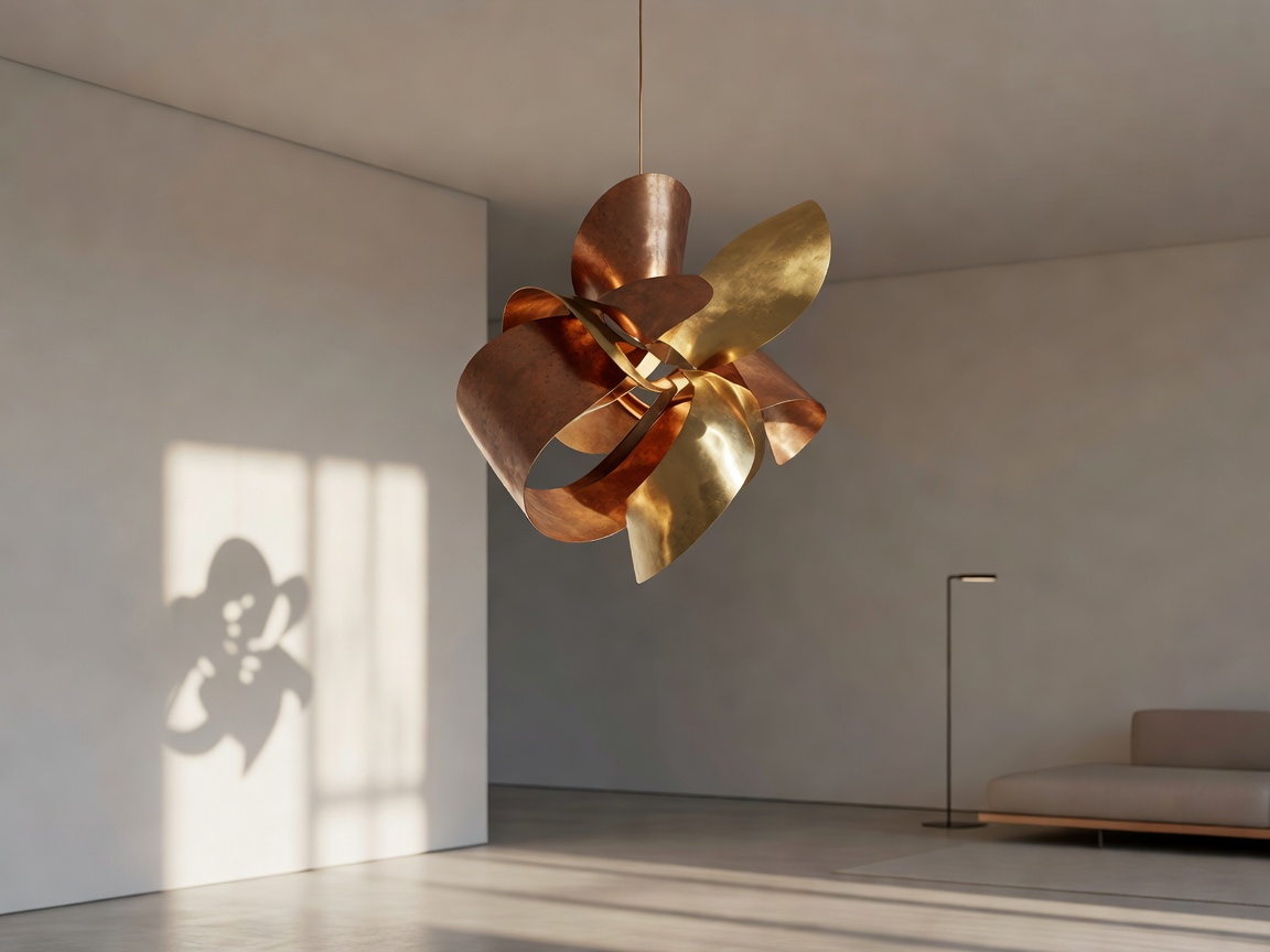 Hand-finished sculptural copper and burnished brass pendant suspended in contemporary room