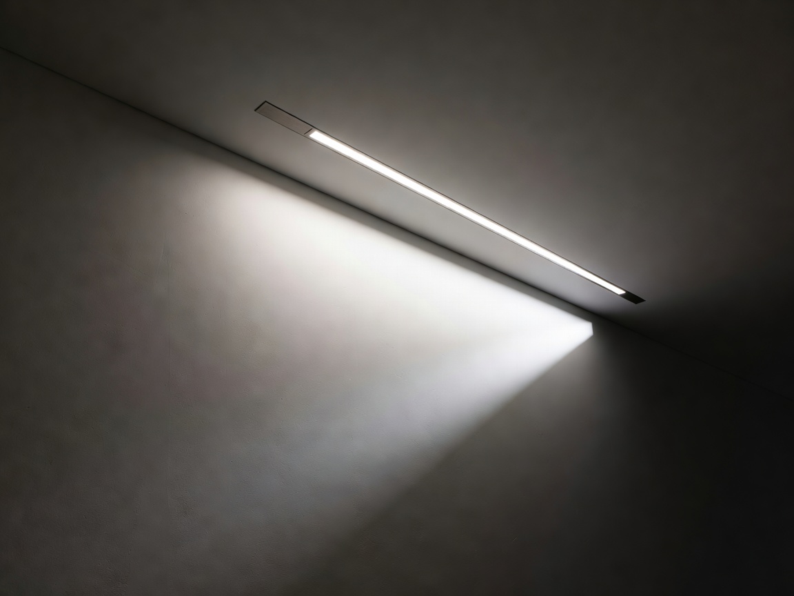 Linear recessed ceiling fixture casting asymmetric architectural wall-washing light