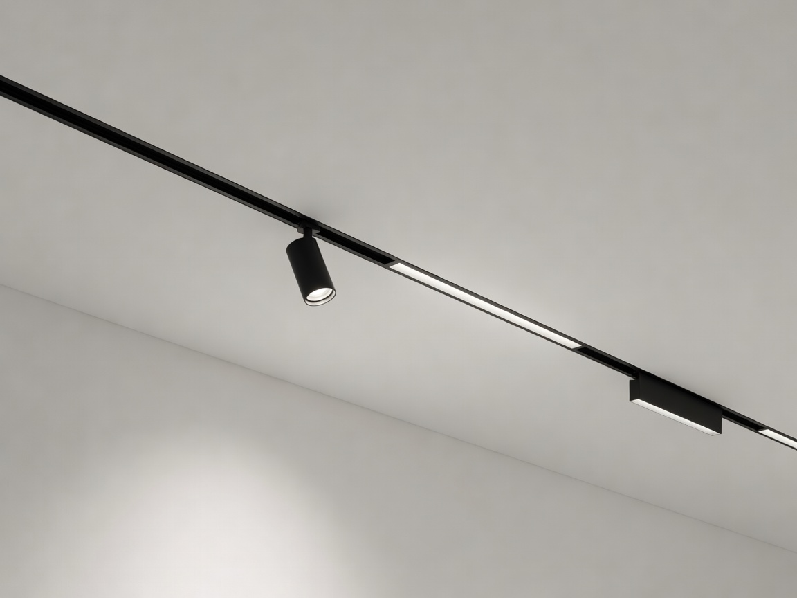Recessed black 48V magnetic track system with adjustable spotlight and linear wash modules in ceiling