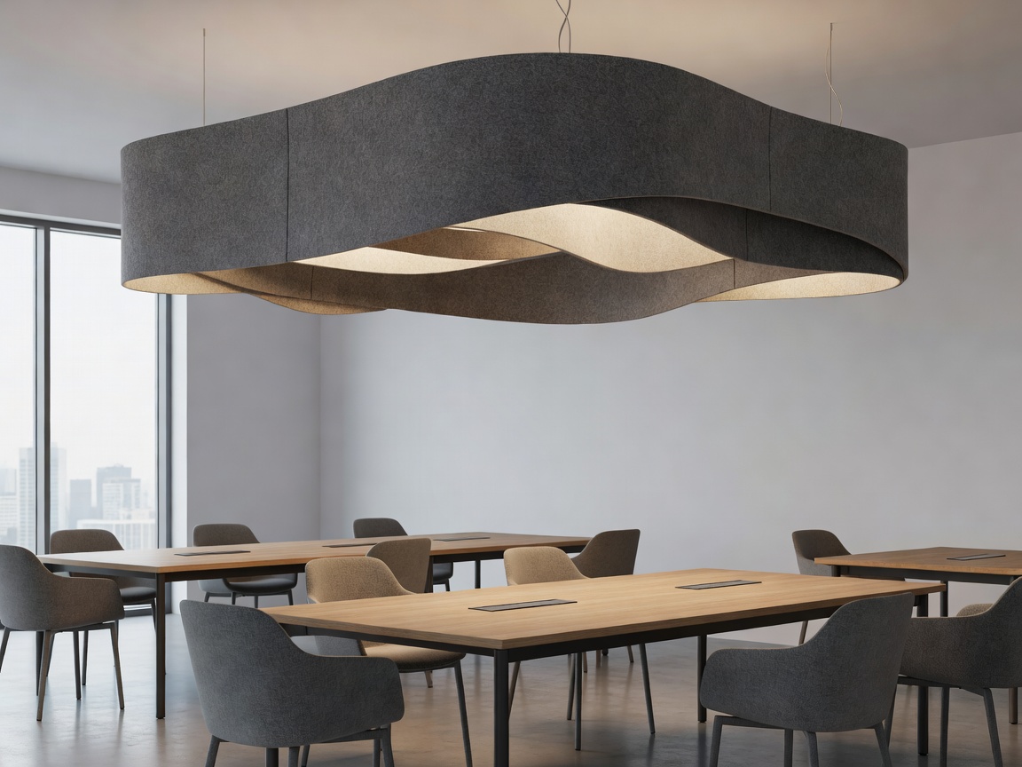 Sculptural thermoformed felt acoustic luminaire suspended above contemporary office collaboration tables