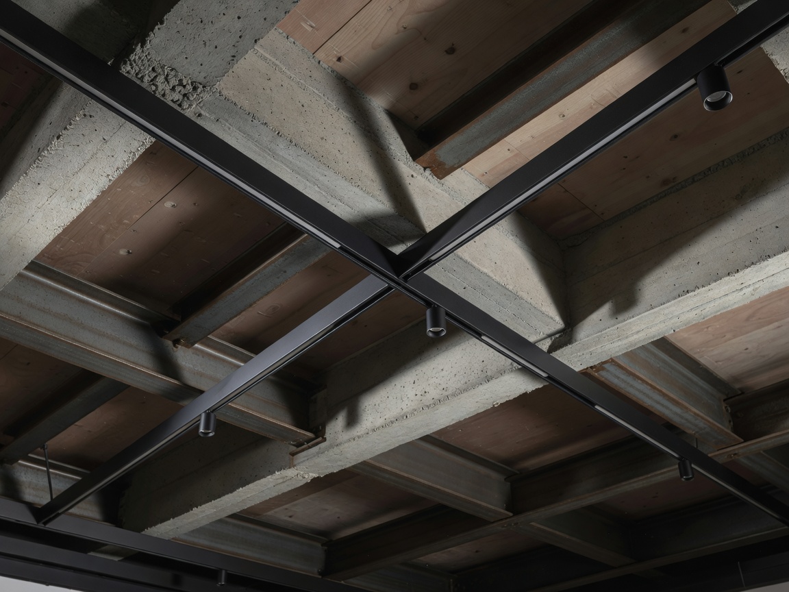 Sleek 48-volt low voltage magnetic track running along exposed architectural ceiling